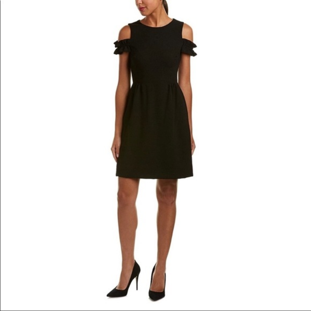 Tahari ASL black cold shoulder short sleeve A-line dress size 6‎
